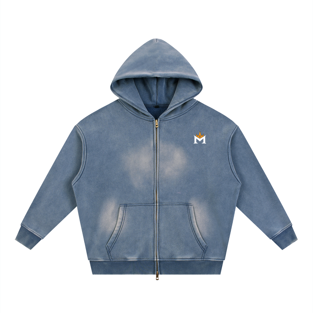 Washed Two-way Zipper Fleece Hoodie