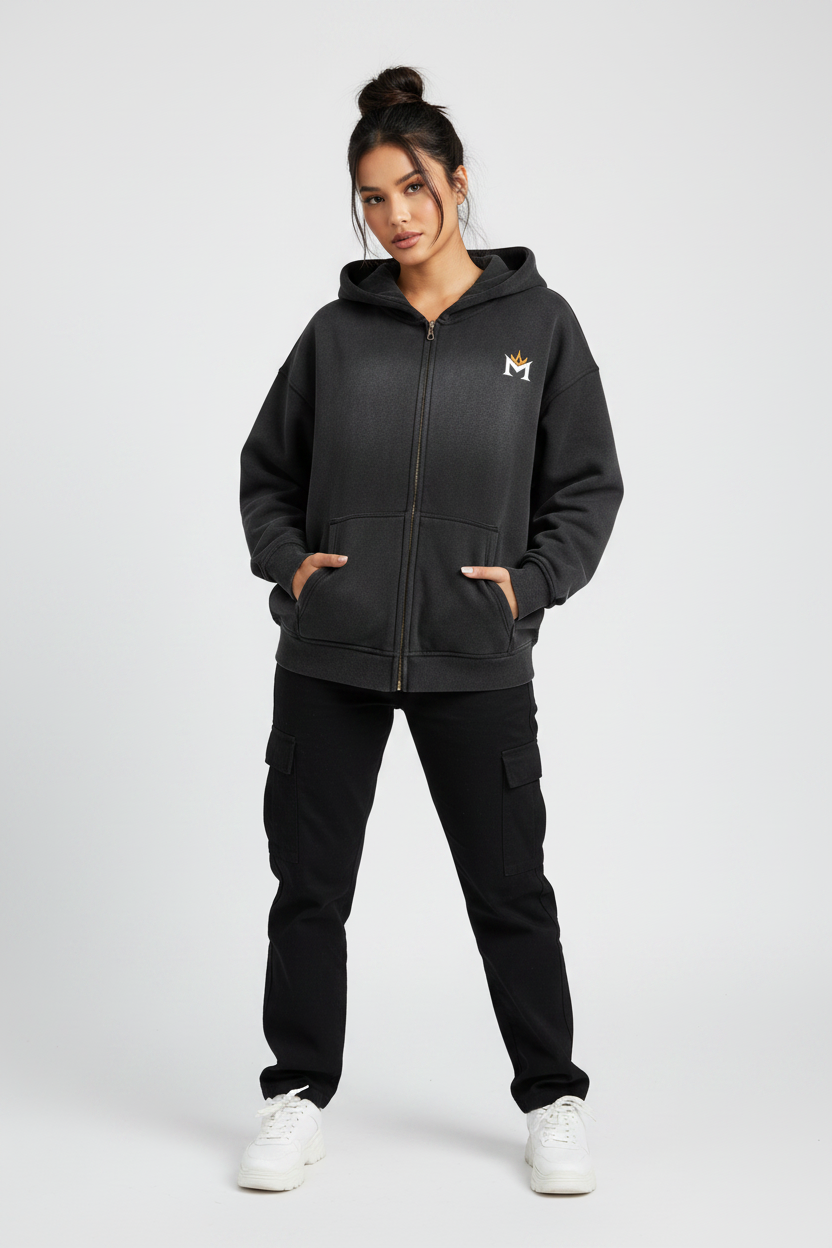 Washed Two-way Zipper Fleece Hoodie