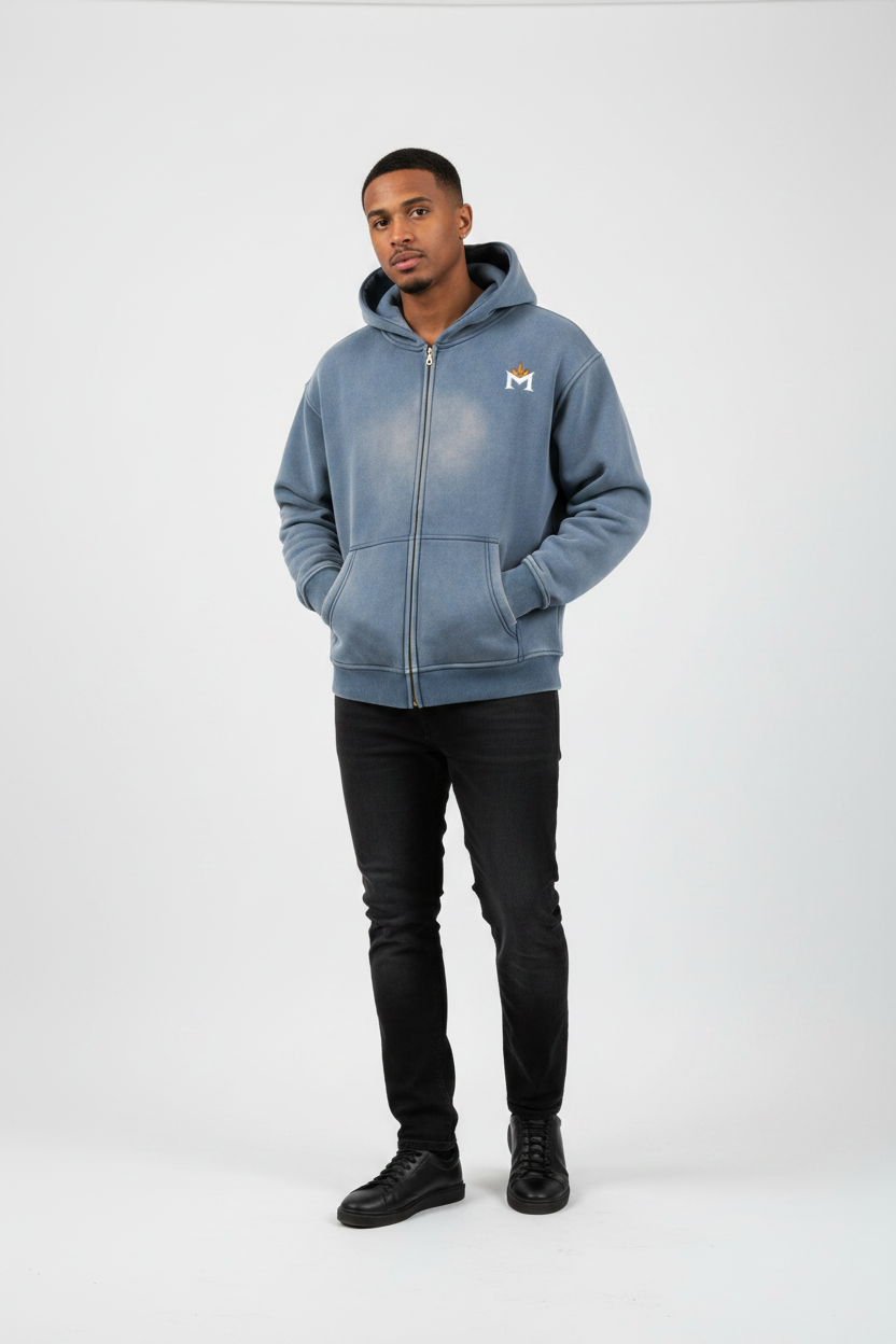 Washed Two-way Zipper Fleece Hoodie