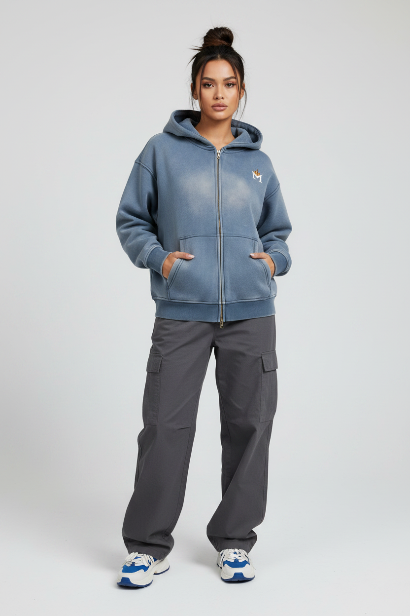 Washed Two-way Zipper Fleece Hoodie