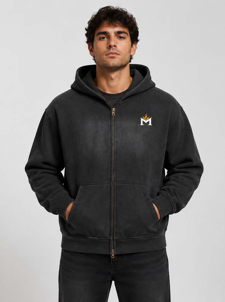 Washed Two-way Zipper Fleece Hoodie