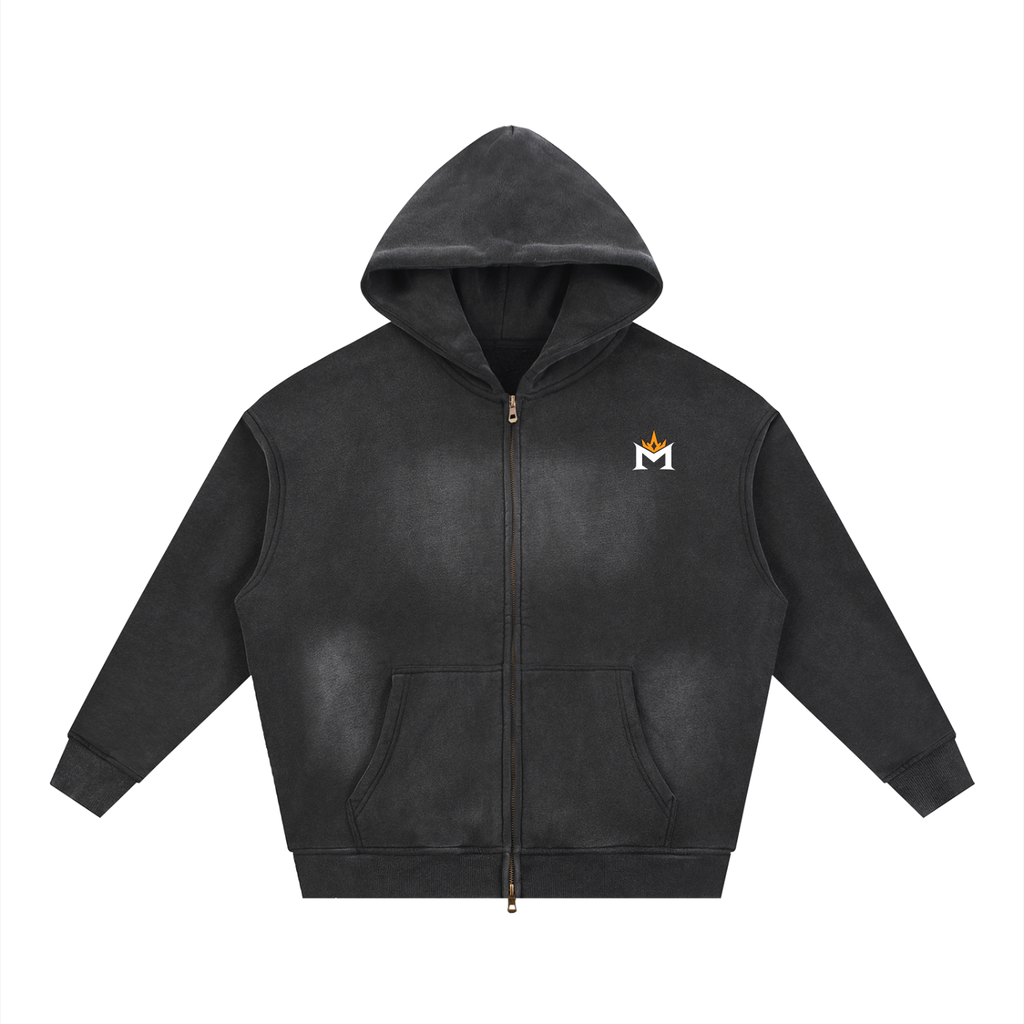 Washed Two-way Zipper Fleece Hoodie